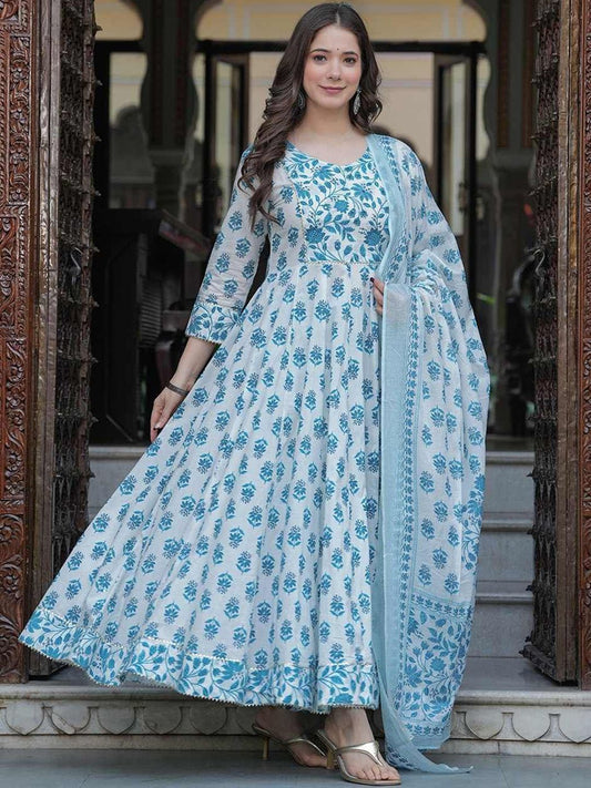Dhiyona KL Women Floral Printed Regular Pure Cotton Kurta with Trousers & With Dupatta