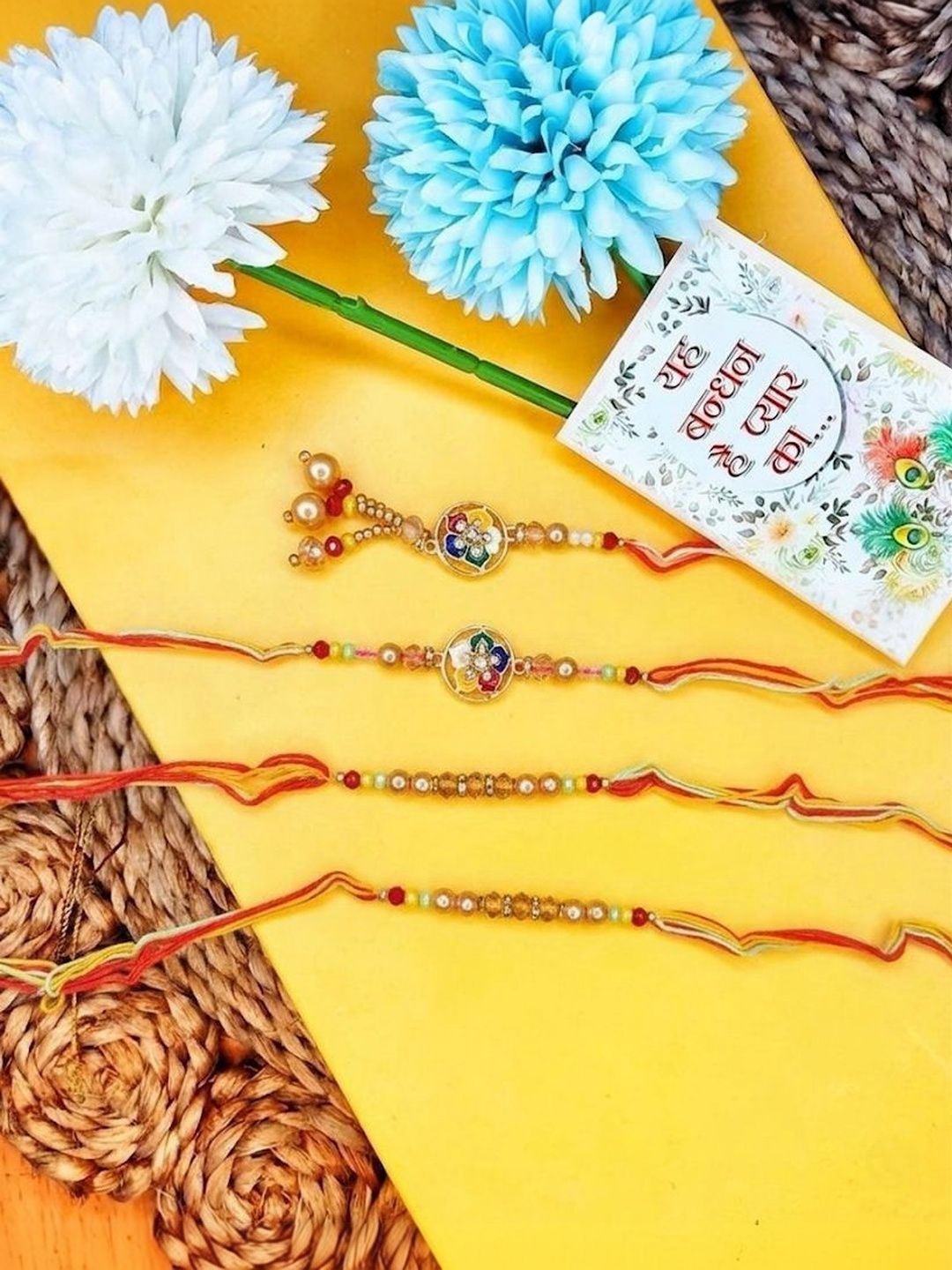 Dhiyona Set Of 4 Artificial Beads Family Pack Thread Rakhi With Roli Chawal Chandan Mishri