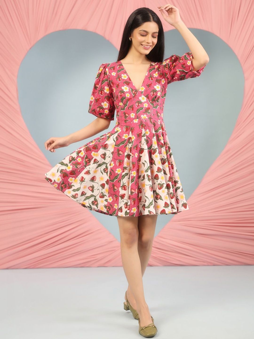 Dhiyona AY Women's Floral Print Puff Sleeve Fit & Flare Mini Dress
