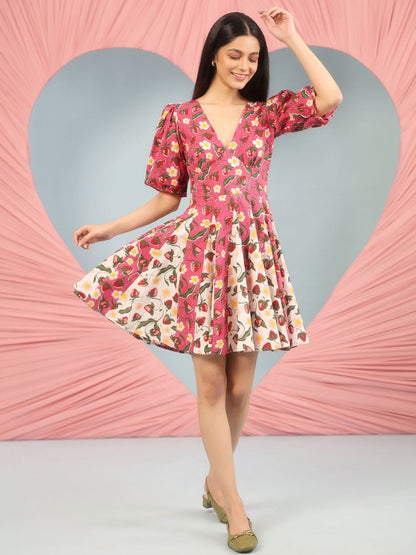 Dhiyona AY Women's Floral Print Puff Sleeve Fit & Flare Mini Dress