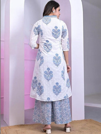 Printed Pure Cotton V-Neck Kurta & Palazzos Kurta Set