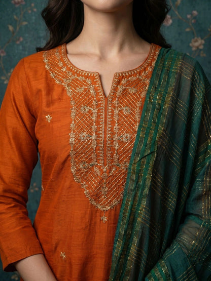 Women Ethnic Motifs Embroidered Regular Thread Work Kurta with Trousers & With Dupatta