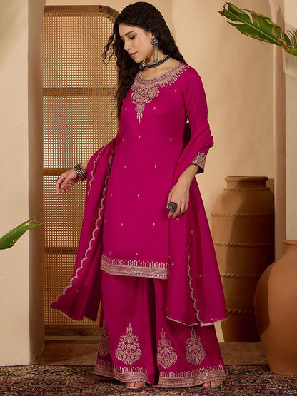 Dhiyona SN Women Embroidered Round Neck Straight Kurta & Palazzos With Dupatta