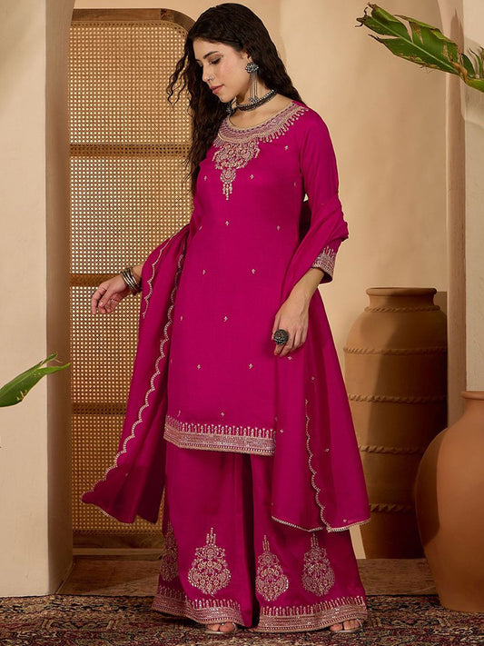Dhiyona SN Women Embroidered Round Neck Straight Kurta & Palazzos With Dupatta