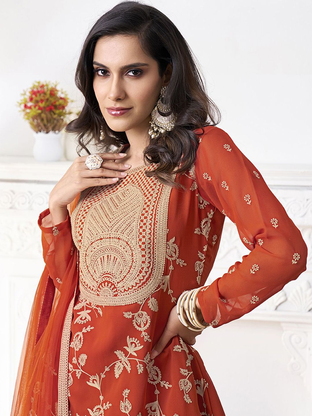 Dhiyona IN Floral Embroidered Thread Work Georgette A-Line Kurta With Sharara & Dupatta
