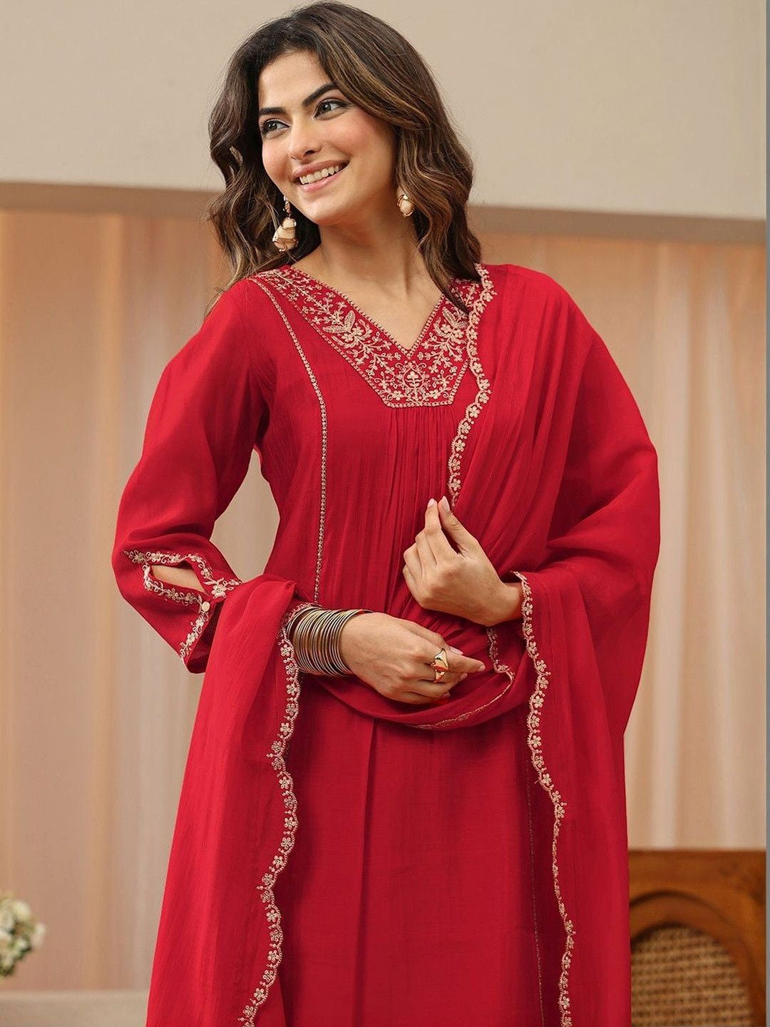 Red Embellished Yoke A-Line Suit Set