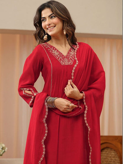 Red Embellished Yoke A-Line Suit Set