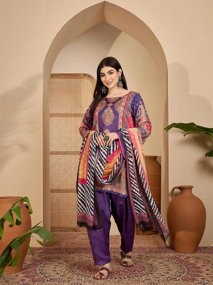 Printed Wool Round Neck Kurta & Trousers with Dupatta set
