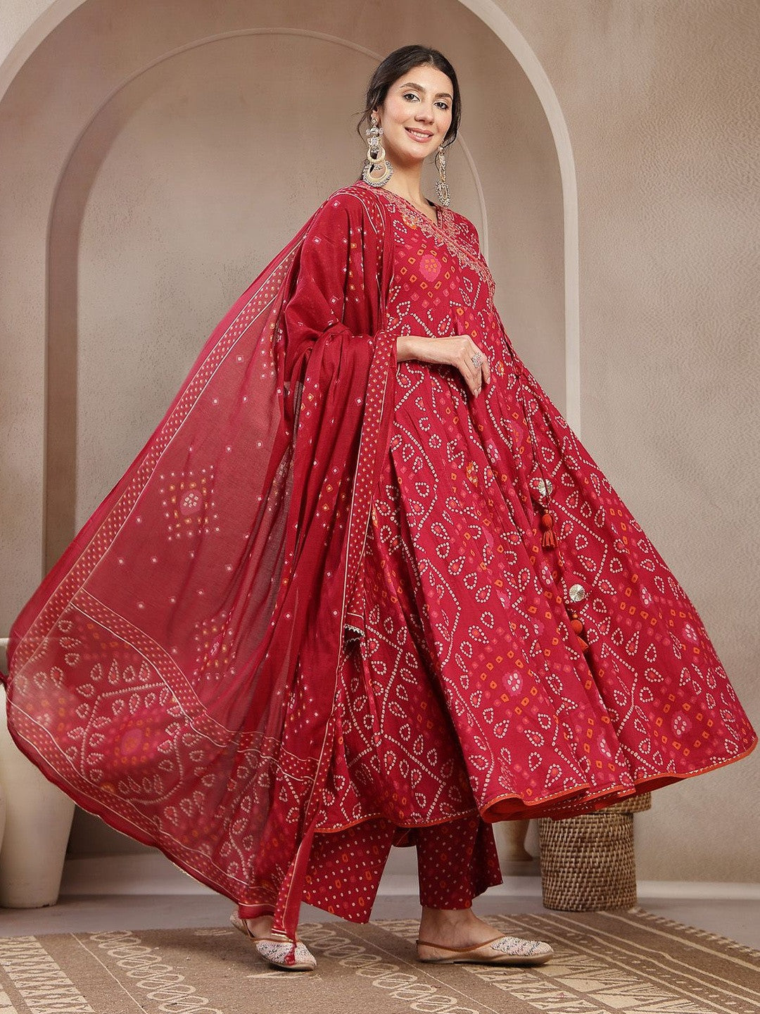 Dhiyona SN Printed Cotton V-Neck Kurta & Palazzos With Dupatta