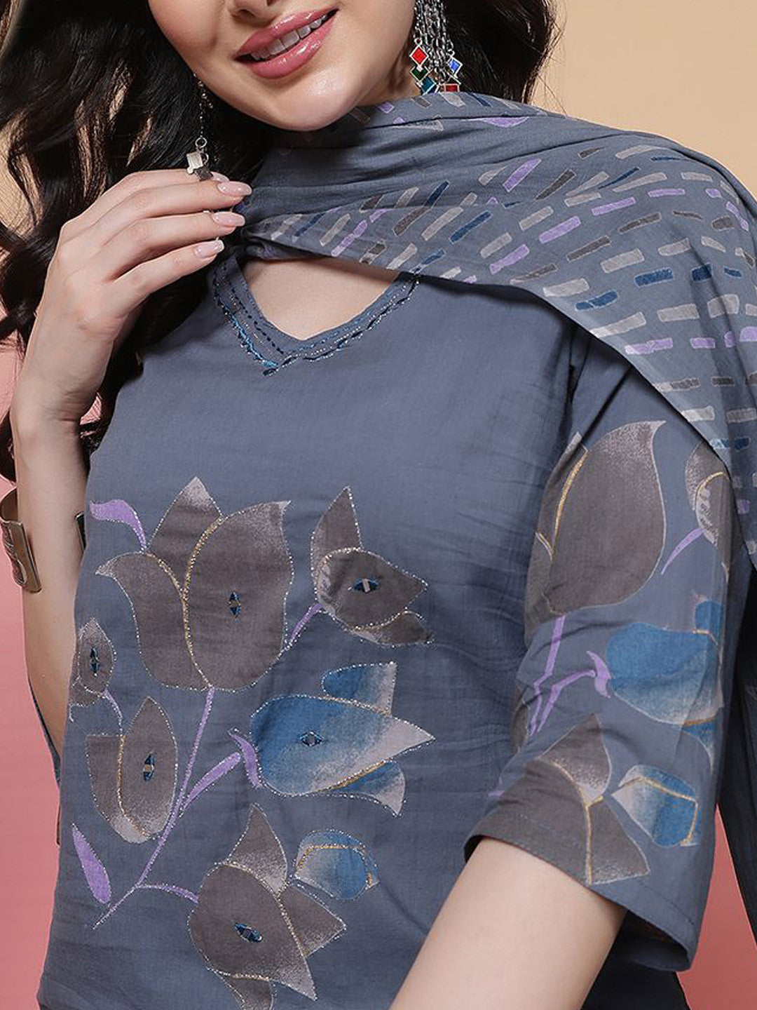 Floral Printed V-Neck Pure Cotton Straight Kurta With Trouser & Dupatta