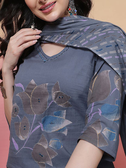 Floral Printed V-Neck Pure Cotton Straight Kurta With Trouser & Dupatta