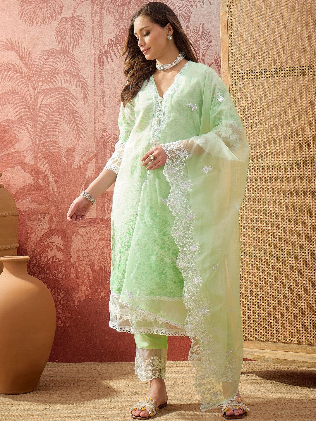 Dhiyona SN Printed V-Neck Kurta & Trousers with Dupatta