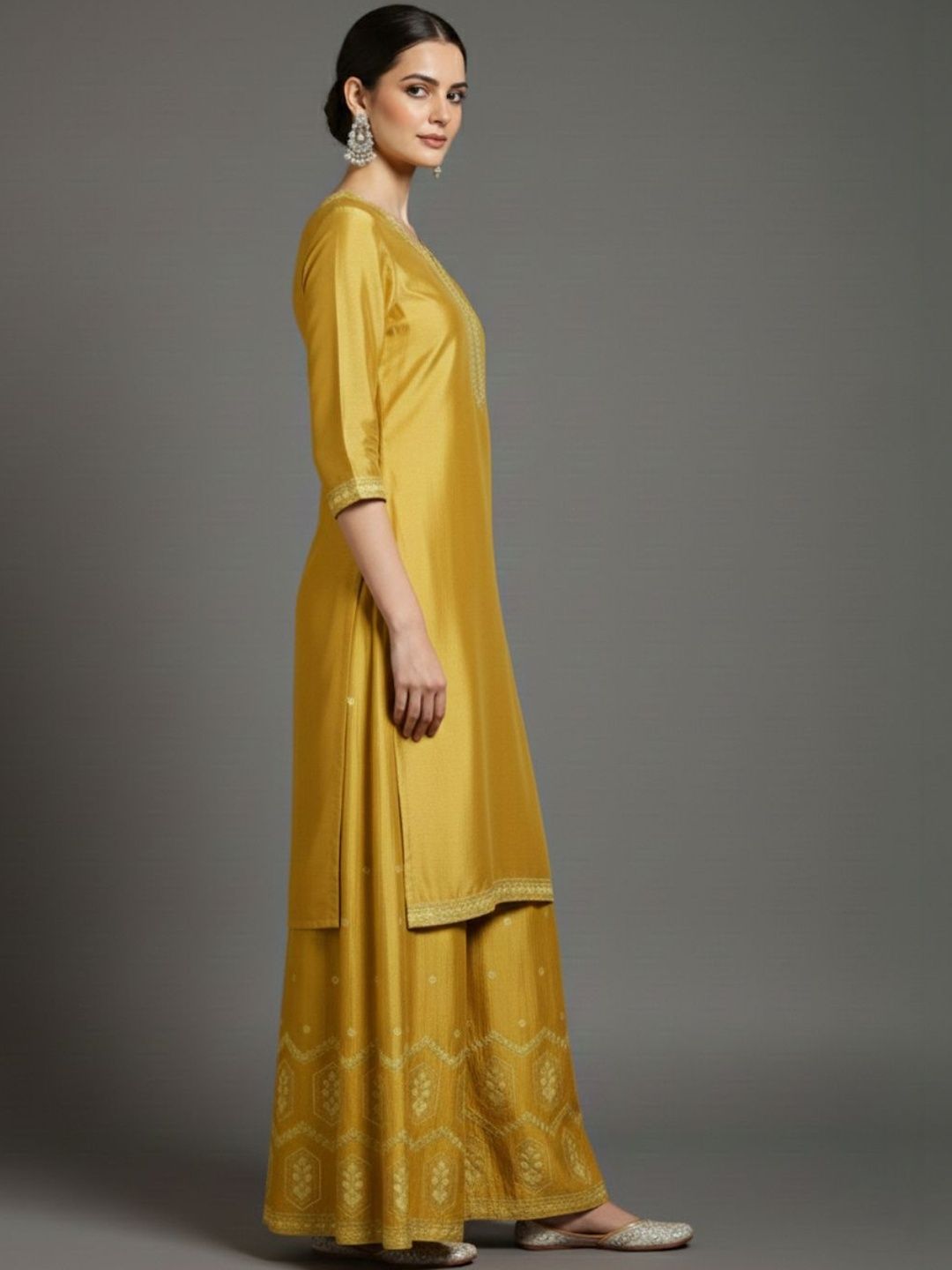 Dhiyona VA Women Ethnic Motifs Embroidered Regular Thread Work Silk Crepe Kurta with Palazzos & With Dupatta