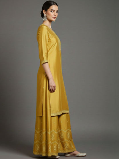 Dhiyona VA Women Ethnic Motifs Embroidered Regular Thread Work Silk Crepe Kurta with Palazzos & With Dupatta