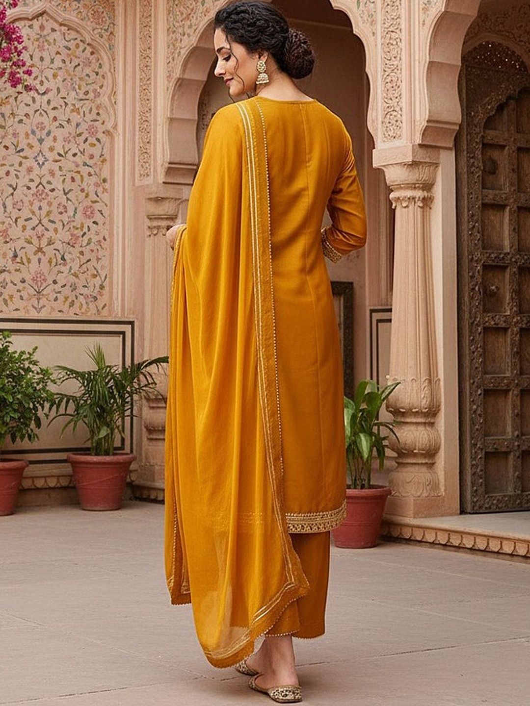 Dhiyona KL Ethnic Motifs Embroidered Panelled Gotta Patti Kurta & Palazzos With Dupatta