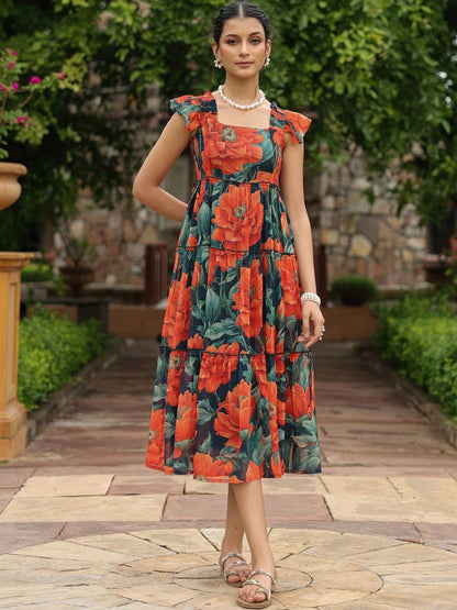 Dhiyona AY Women's Floral Print Flutter Sleeve Fit & Flare Midi Dress