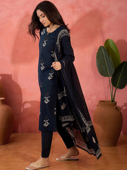 Printed Pure Cotton Round Neck Kurta & Trousers Kurta Set