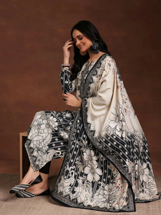 Women's LB Monochrome Printed Silk Blend Straight Suit With Dupatta