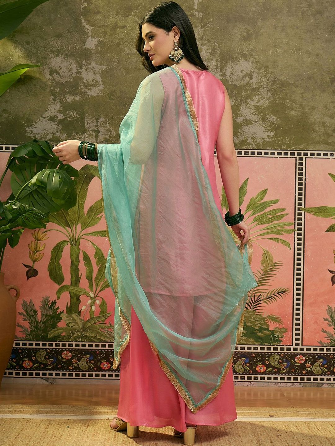 Dhiyona SN Sequinned Embroidered Square Neck Kurta & Palazzos With Dupatta