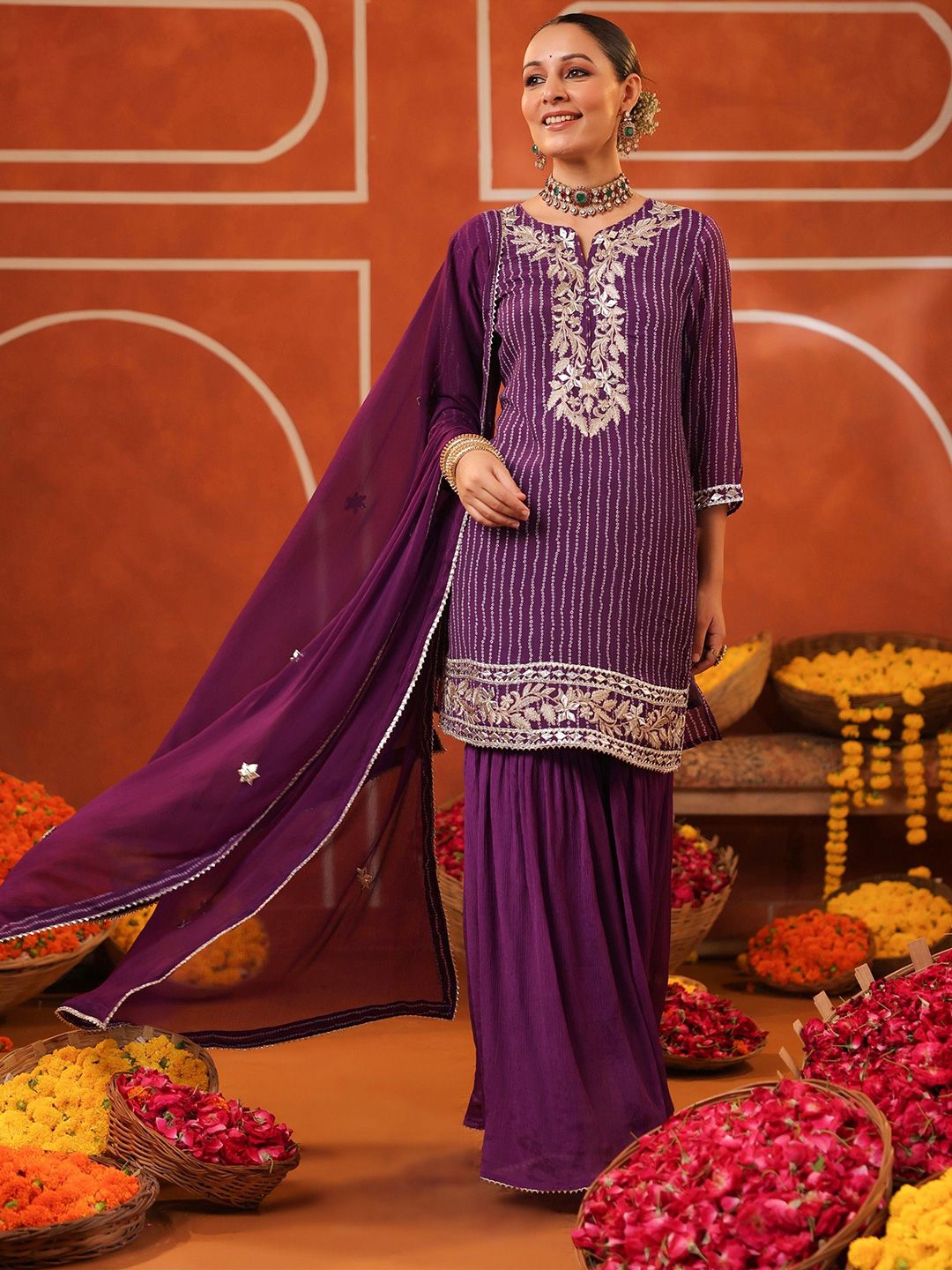 Dhiyona SC Bandhani Printed Gotta Patti Straight Kurta with Sharara & Dupatta