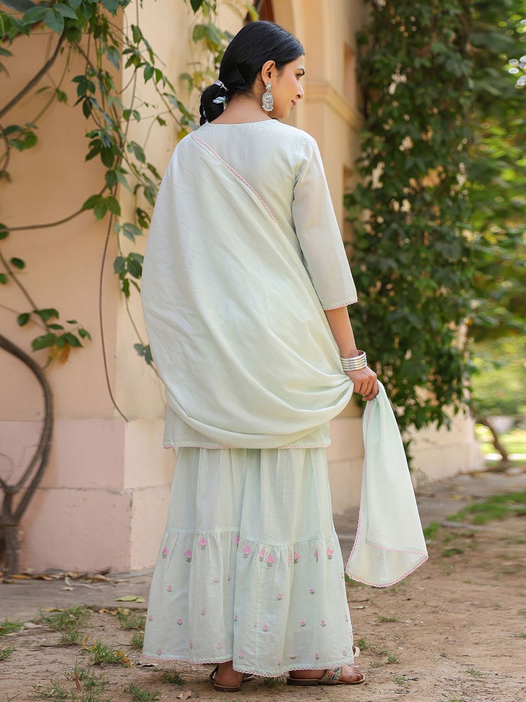 Dhiyona SC Women Solid Embroidered Cotton Kurti with Sharara & Dupatta
