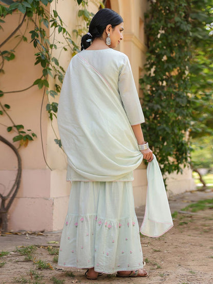 Dhiyona SC Women Solid Embroidered Cotton Kurti with Sharara & Dupatta