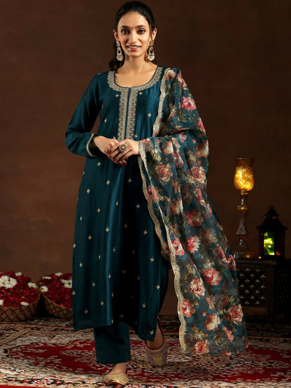 Women's LB Teal Embroidered Silk Blend Straight Suit With Dupatta