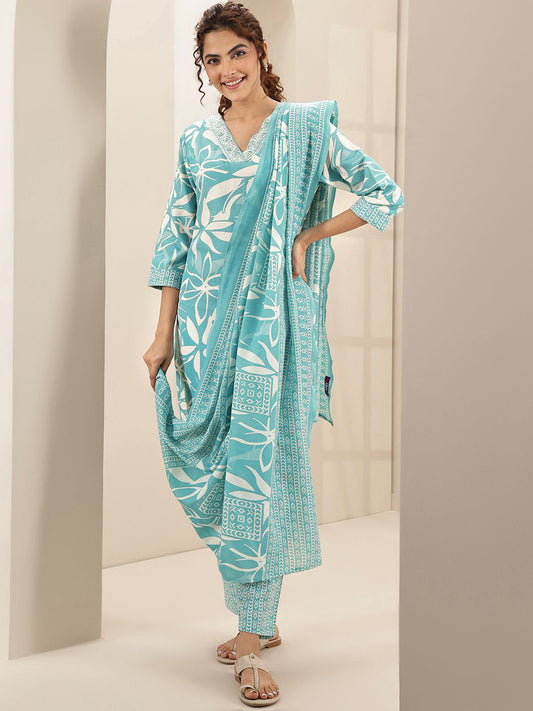 Floral Printed V-Neck Straight Kurta With Trousers & Dupatta