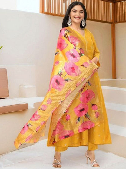 Dhiyona IS Women's Women Ethnic Motifs Self Design Pure Silk Kurta with Trousers & Dupatta