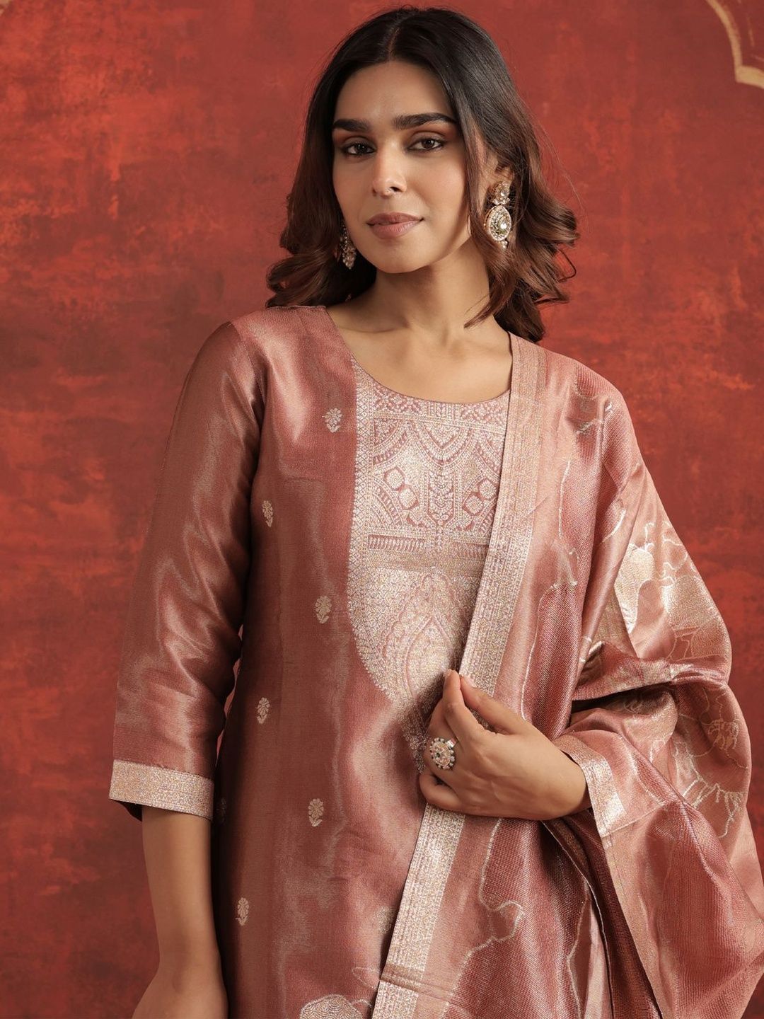 Dhiyona IE Floral Woven Design Round Neck Straight Kurta With Trousers & Dupatta