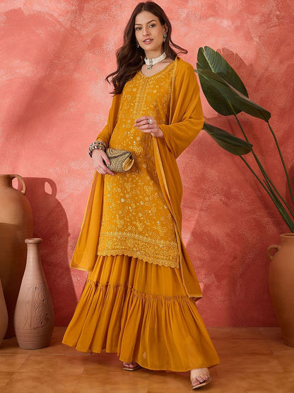 Dhiyona SN Floral Embroidered V-neck Straight Kurta With Sharara And Dupatta