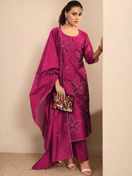 Women Floral Embroidered Regular Thread Work Kurta with Trousers & With Dupatta