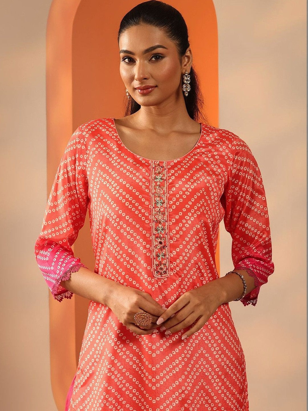 Women Leheriya Printed Regular Mirror Work Kurta with Palazzos & With Dupatta