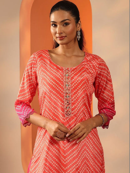 Women Leheriya Printed Regular Mirror Work Kurta with Palazzos & With Dupatta