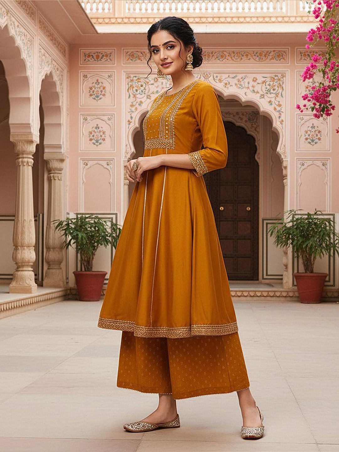 Dhiyona KL Floral Embroidered Empire Mirror Work Anarkali Kurta With Palazzos & Dupatta