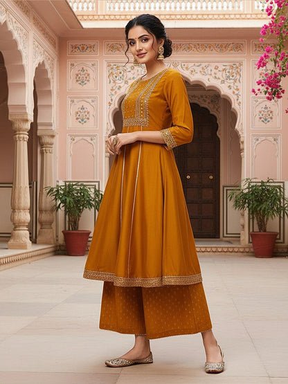 Dhiyona KL Floral Embroidered Empire Mirror Work Anarkali Kurta With Palazzos & Dupatta