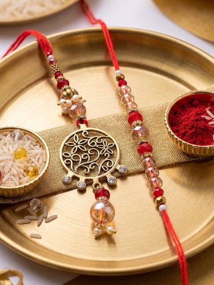 Dhiyona Set Of 2 Gold Toned Artificial Stones & Beads Bhaiya Bhabhi Rakhi With Roli Chawal