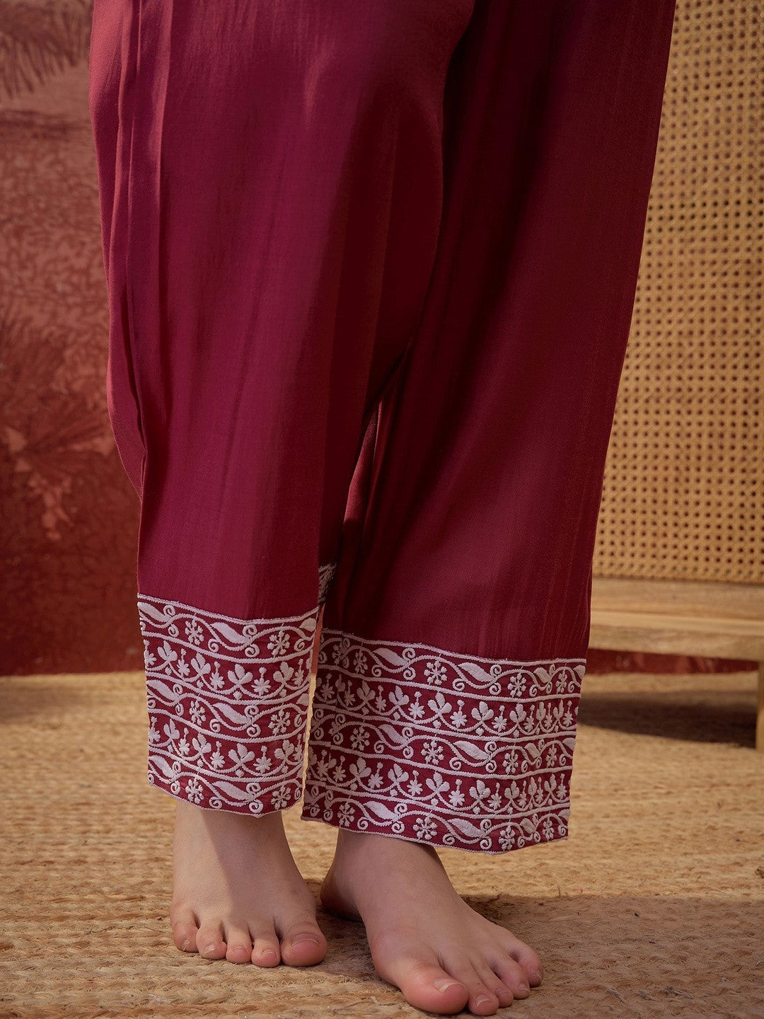 Embroidered V-Neck Kurta Trousers & Dupatta