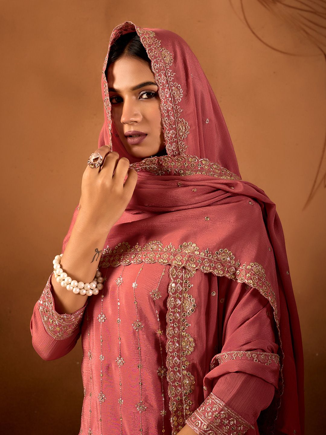 Dhiyona AN Women Ethnic Motifs Embroidered Regular Sequinned Kurta with Sharara & With Dupatta