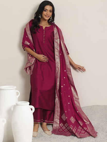 Women Round Neck Regular Straight Kurta with Trousers & Dupatta