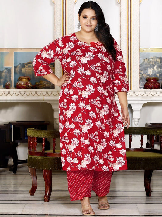 Dhiyona KL Plus Size Floral Printed Notch Neck Pure Cotton Kurta With Trousers & Dupatta