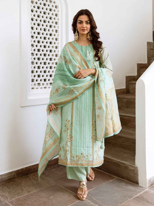 Dhiyona KL Floral Printed Round Neck Sequinned Modal Straight Kurta With Palazzos & Dupatta