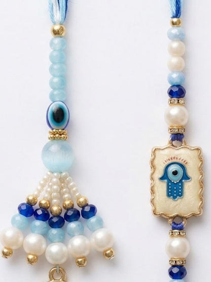 Dhiyona Set Of 2 Evil Eye Hand Design Bhaiya Bhabhi Rakhi With Roli Chawal Chandan Mishri