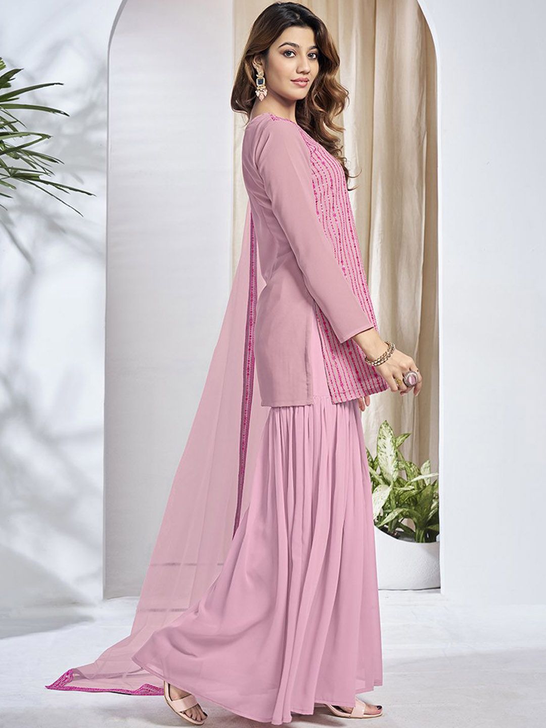 Dhiyona IN Floral Embroidered Round Neck Sequinned Georgette Kurta With Sharara & Dupatta