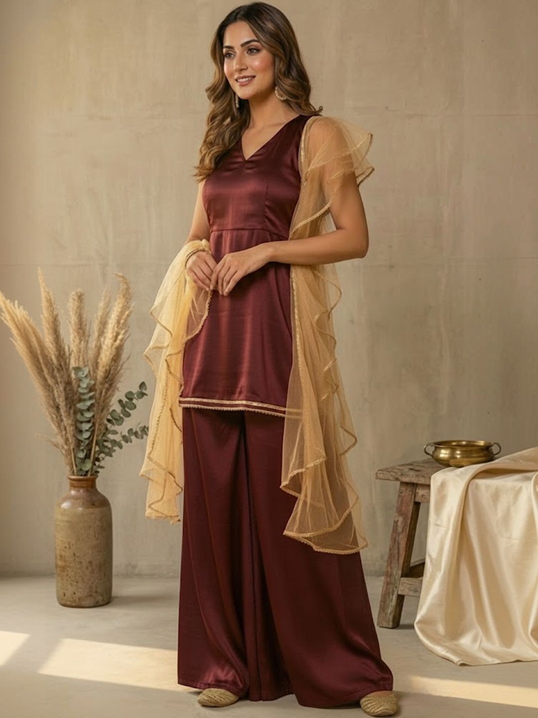 Dhiyona SN Satin V-Neck Kurti & Sharara With Dupatta