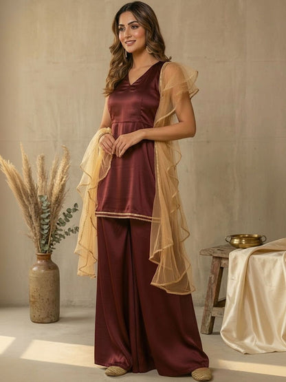 Dhiyona SN Satin V-Neck Kurti & Sharara With Dupatta