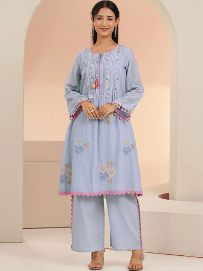 Periwinkle Blue Floral Embroidered Cotton A-Line Kurta Set
