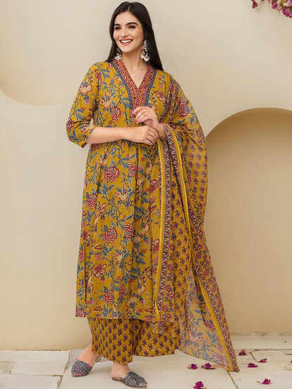 Dhiyona IS Women's Floral Printed Pure Cotton A-line Kurta With Trousers & Dupatta