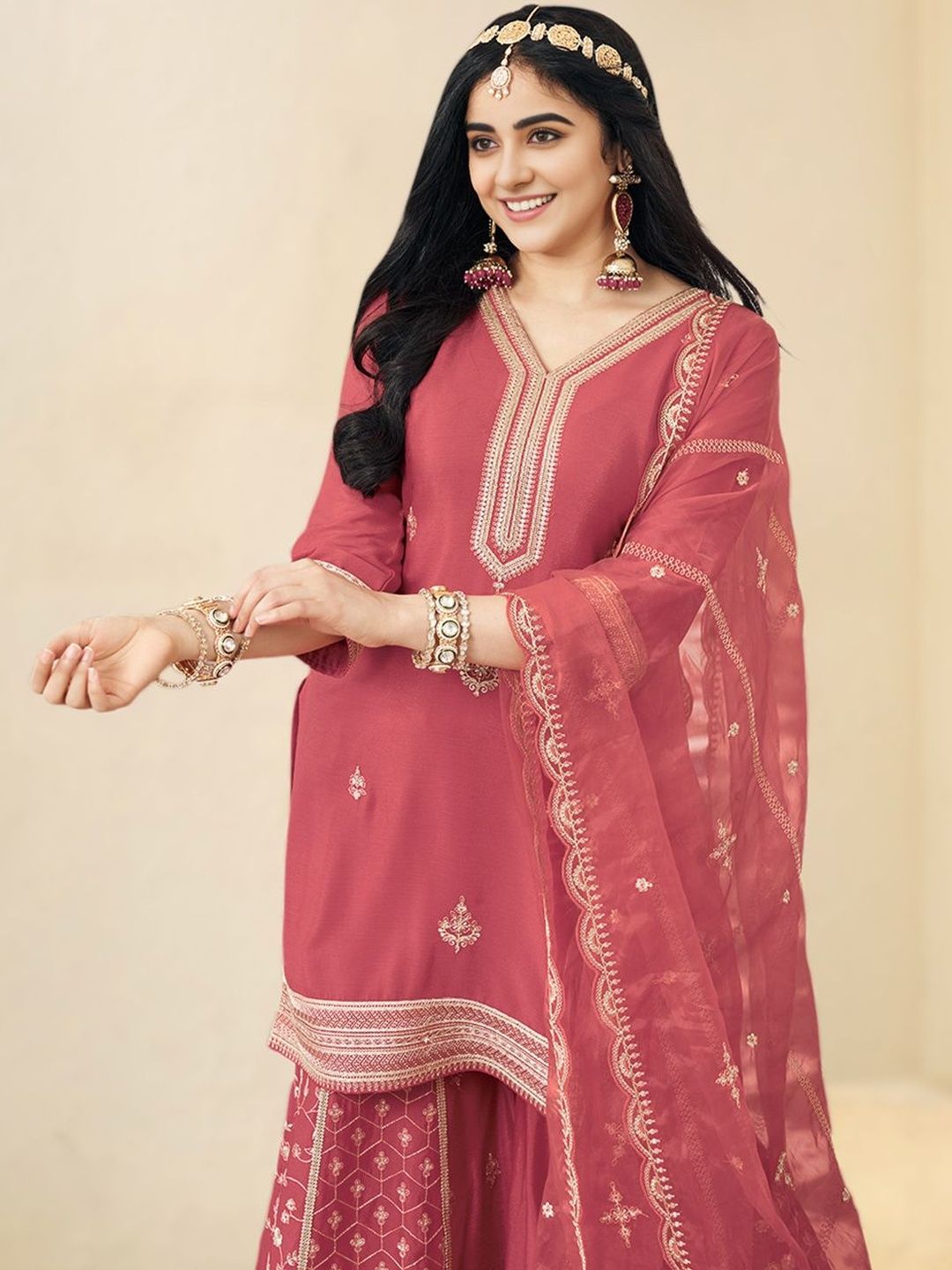 Dhiyona CH Ethnic Motifs Embroidered V-Neck Straight Kurta With Sharara & Dupatta
