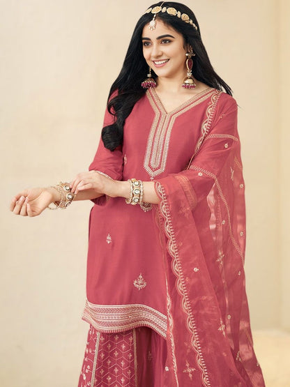 Dhiyona CH Ethnic Motifs Embroidered V-Neck Straight Kurta With Sharara & Dupatta
